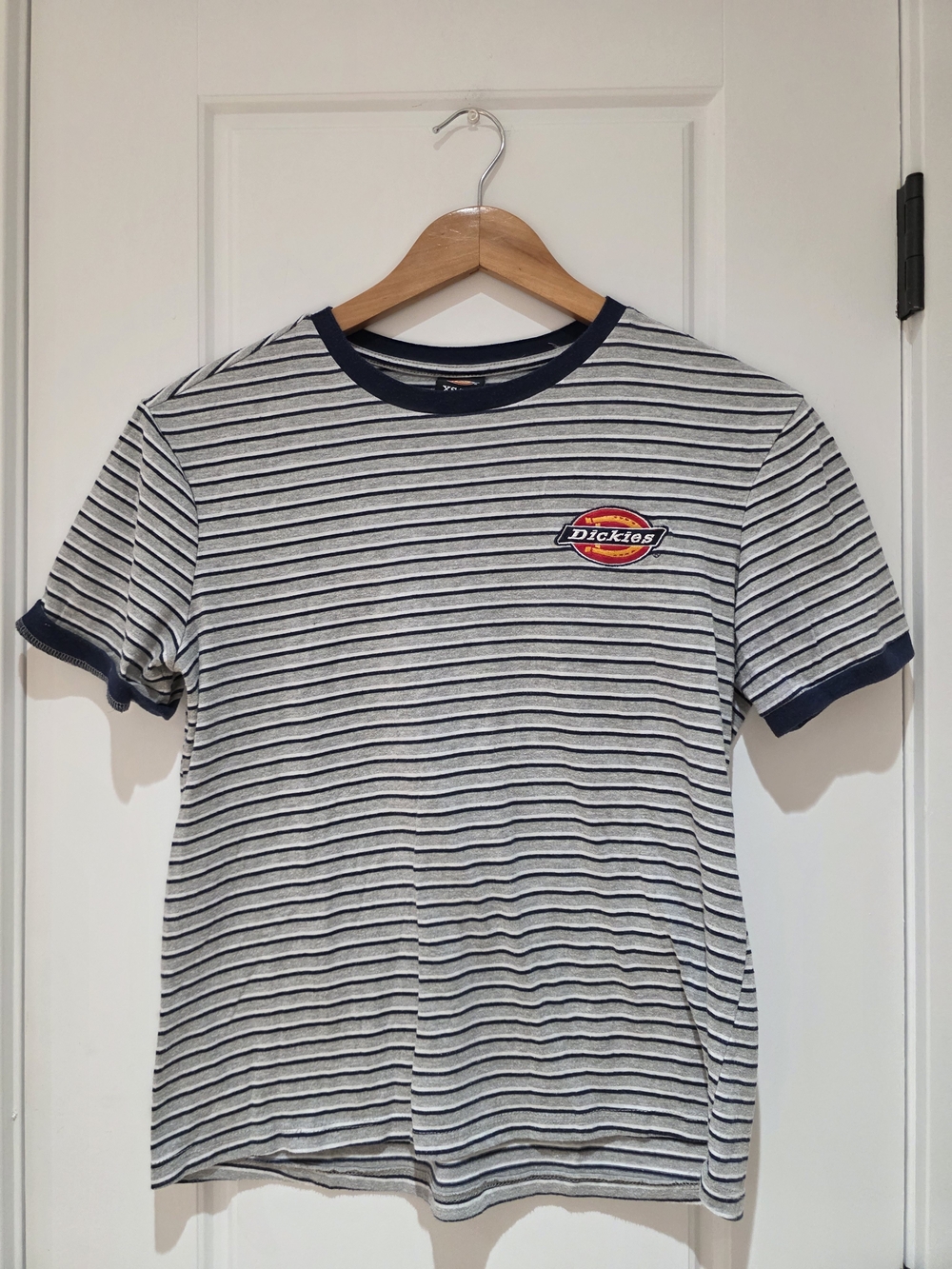 Dickies Gray & Navy Striped Crewneck Tee with Logo Patch